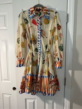 Beulah Cream Fruit-Print Long Sleeve Shirt Dress with Blue & Orange Trim